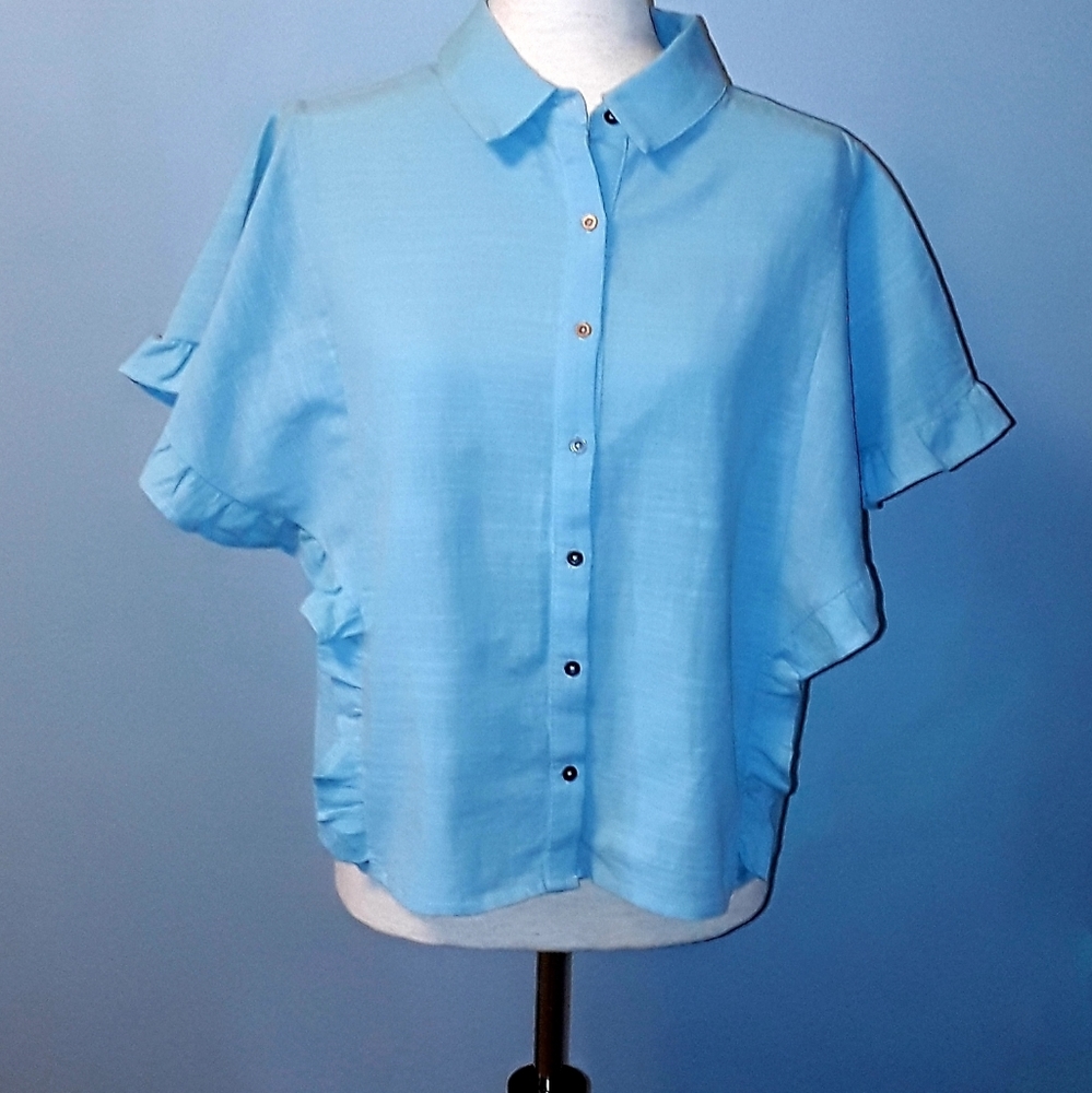 Light blue flutter sleeve blouse